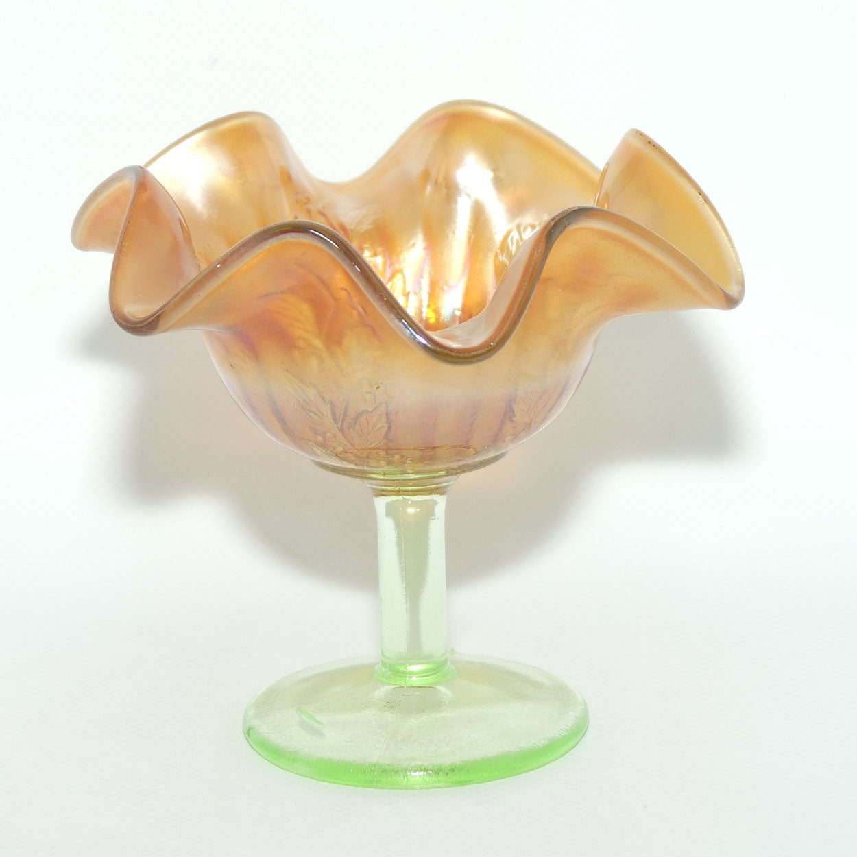 Carnival Glass footed comport | Marigold | Holly pattern | Uranium Glass glow
