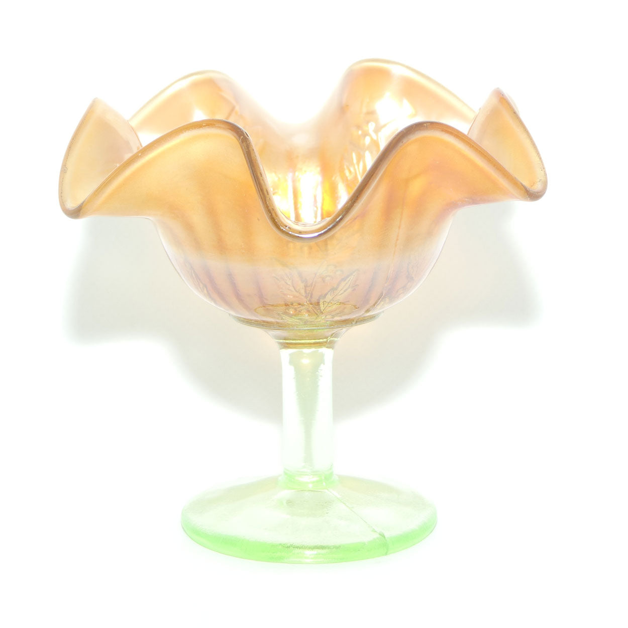 Carnival Glass footed comport | Marigold | Holly pattern | Uranium Glass glow