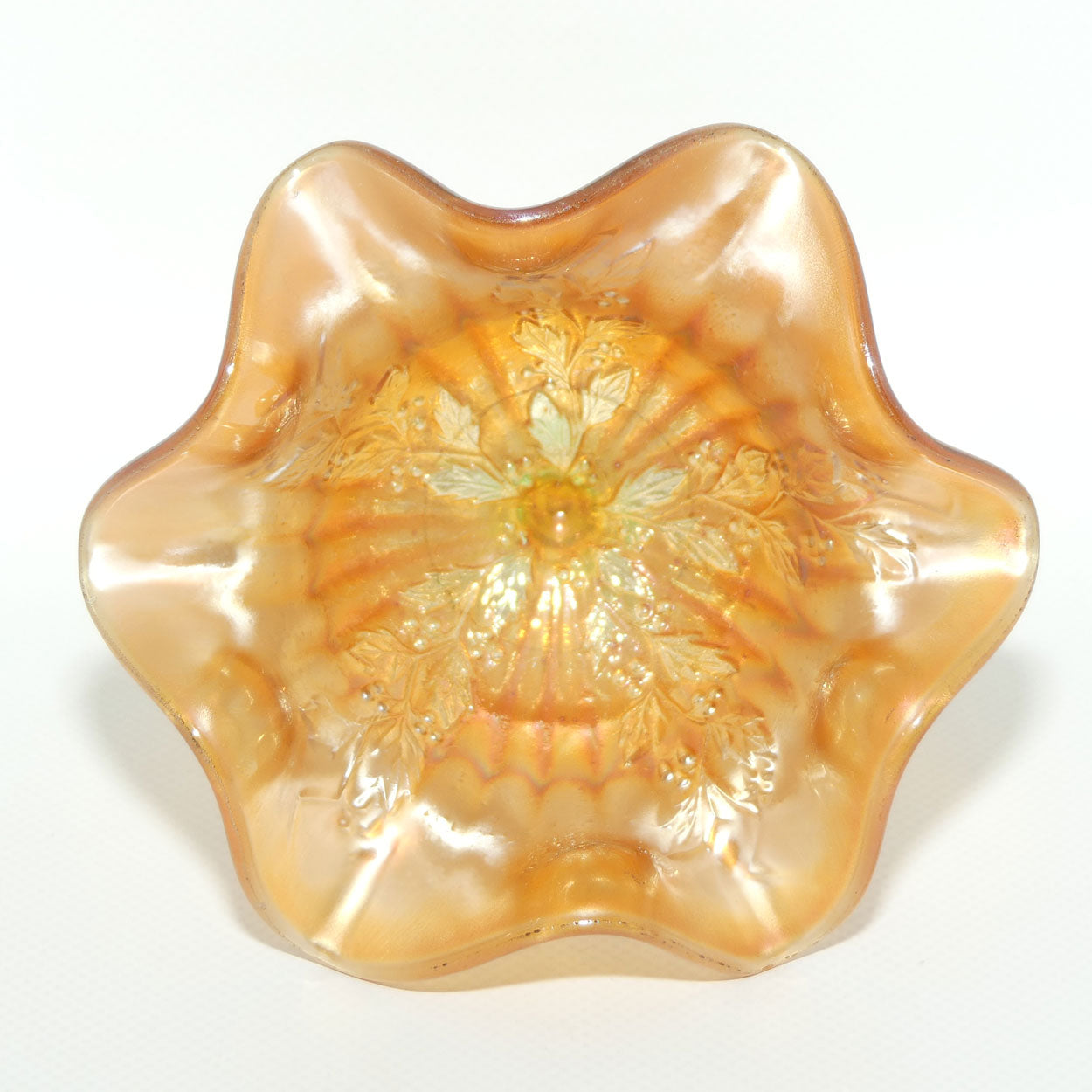 Carnival Glass footed comport | Marigold | Holly pattern | Uranium Glass glow