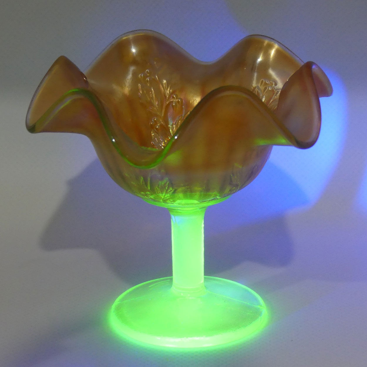 Carnival Glass footed comport | Marigold | Holly pattern | Uranium Glass glow