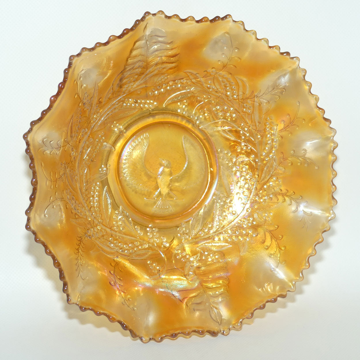 Australian Carnival Glass | Marigold Piping Shrike Master Bowl