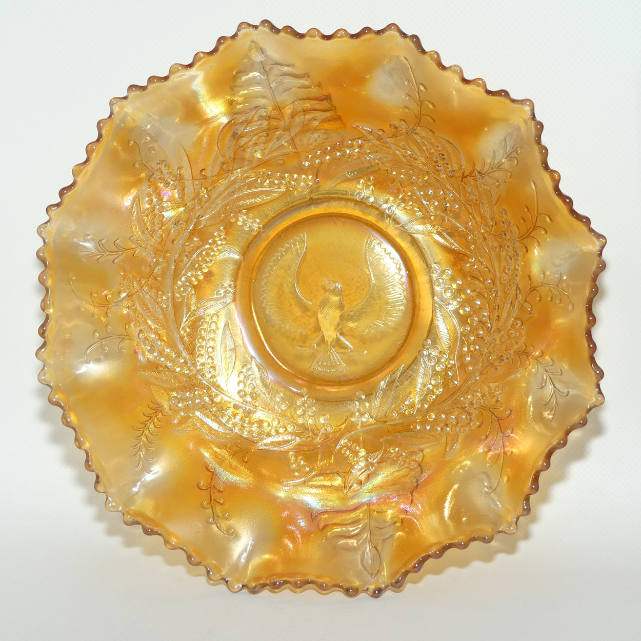 Australian Carnival Glass | Marigold Piping Shrike Master Bowl