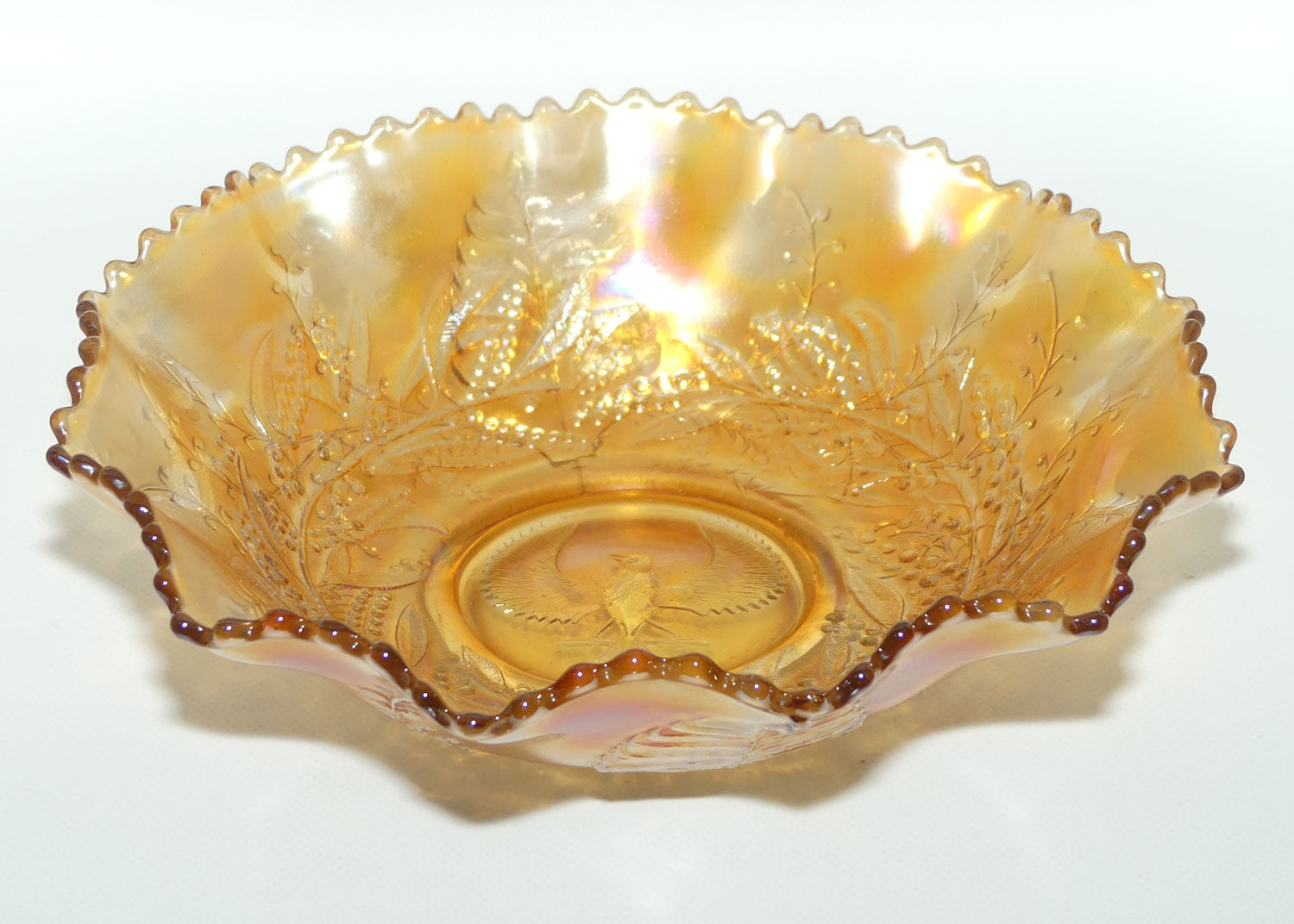 Australian Carnival Glass | Marigold Piping Shrike Master Bowl