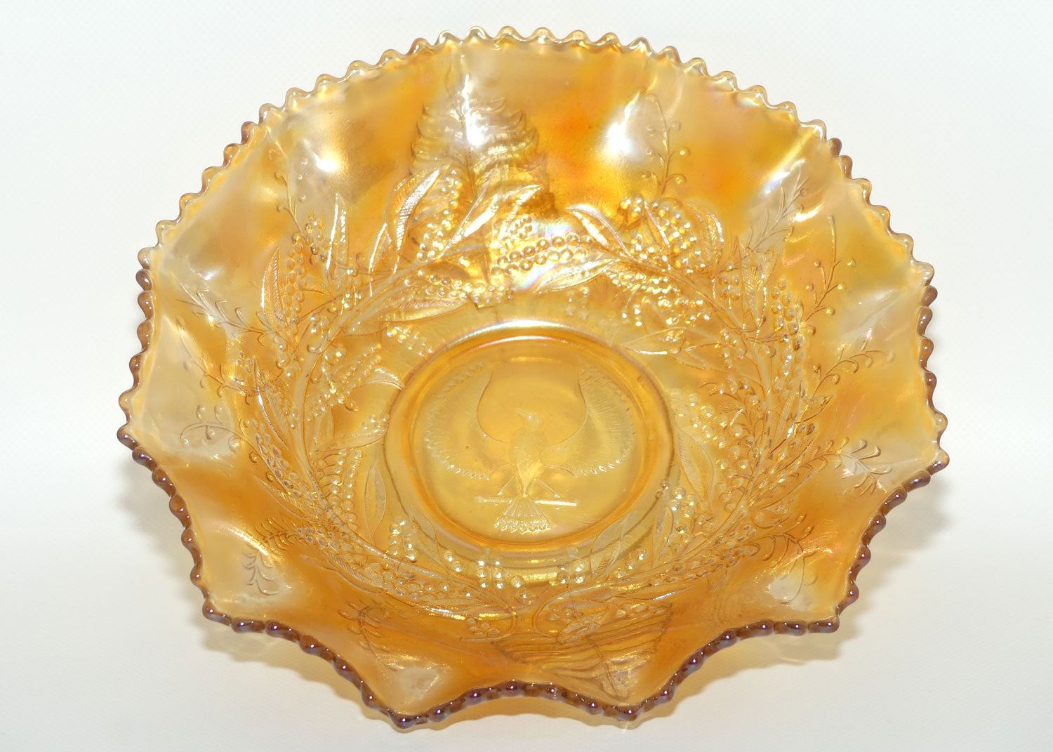 Australian Carnival Glass | Marigold Piping Shrike Master Bowl