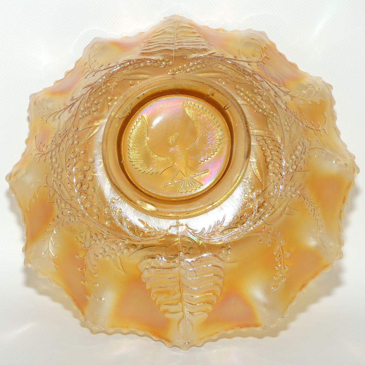Australian Carnival Glass | Marigold Piping Shrike Master Bowl