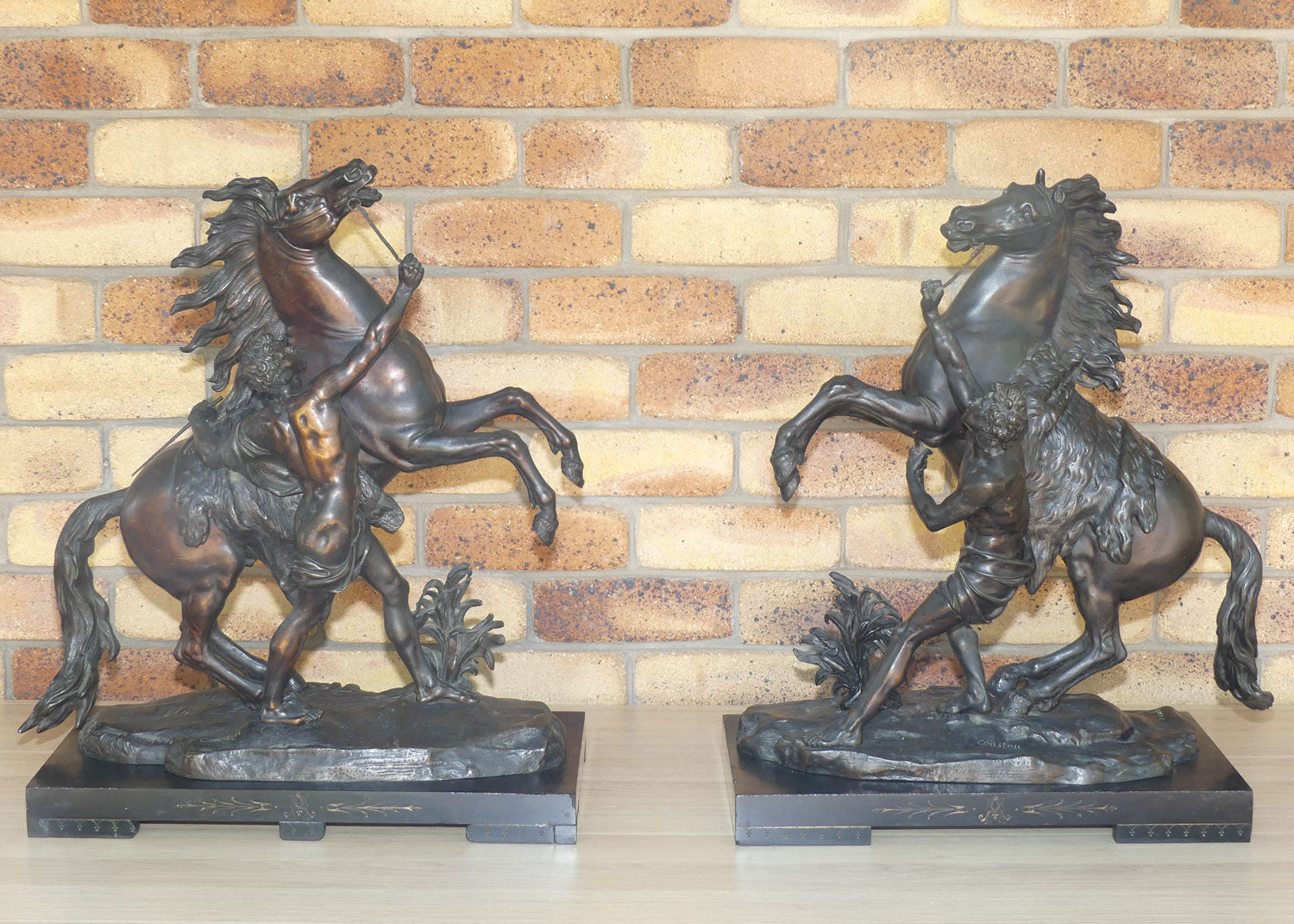 Late Victorian era Pair of very large Bronze Marly Horses on Black Slate bases