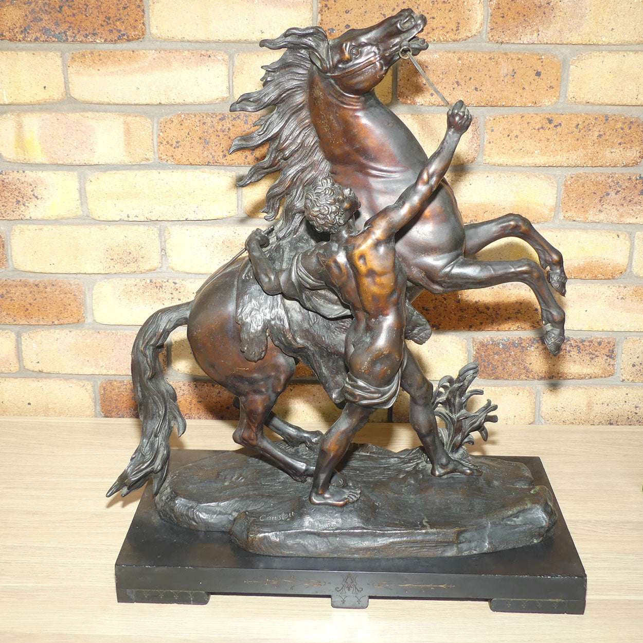 Late Victorian era Pair of very large Bronze Marly Horses on Black Slate bases