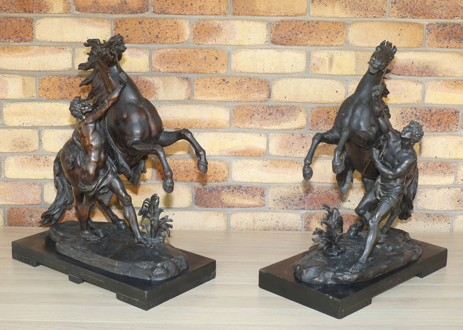 Late Victorian era Pair of very large Bronze Marly Horses on Black Slate bases