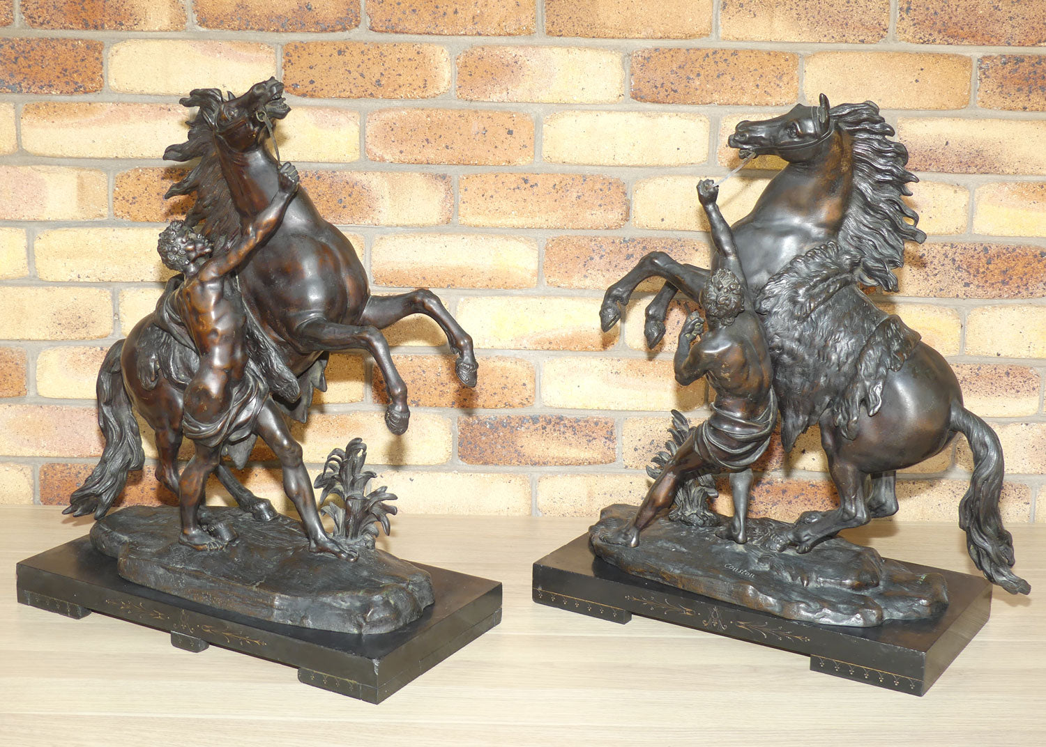 Late Victorian era Pair of very large Bronze Marly Horses on Black Slate bases