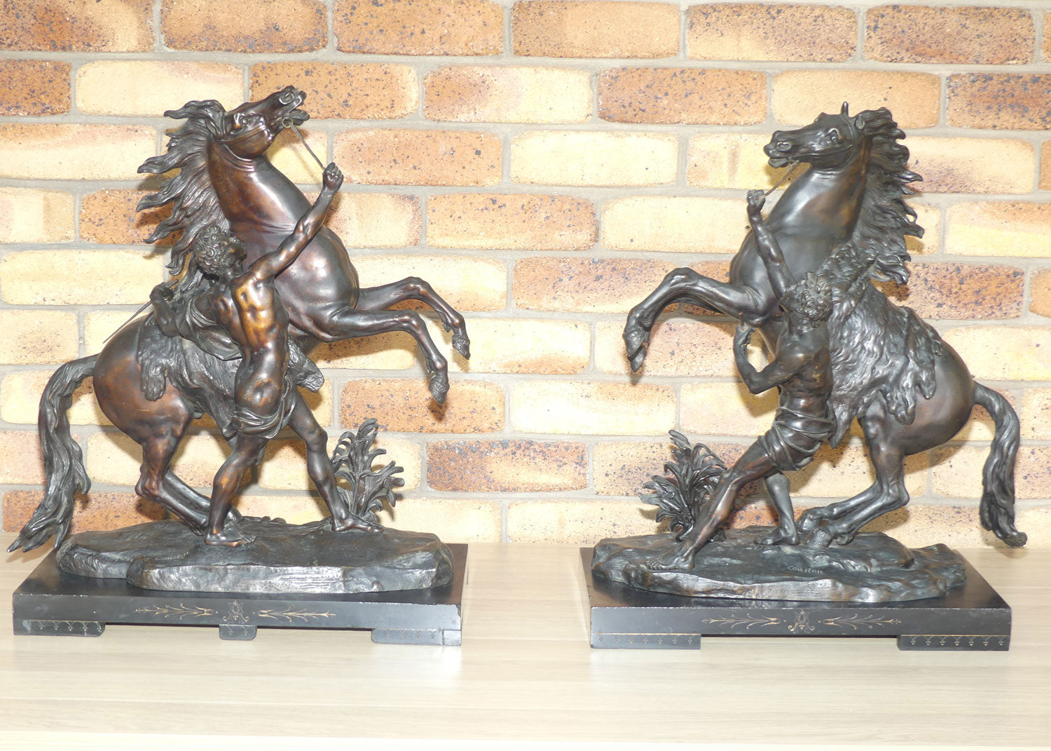 Late Victorian era Pair of very large Bronze Marly Horses on Black Slate bases