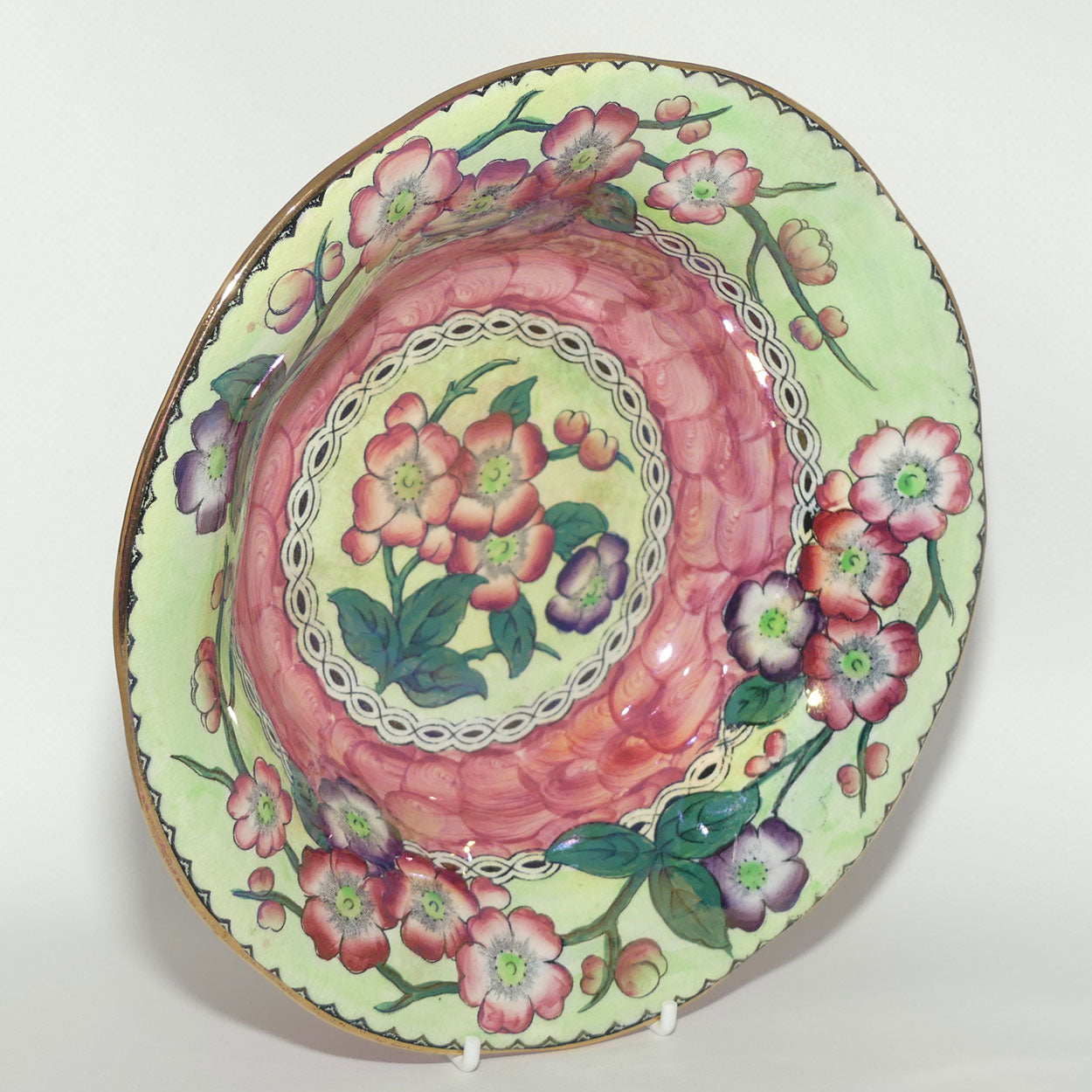 Maling Lustre May Bloom with Green fluted rim bowl | Pattern 6482 | 23cm