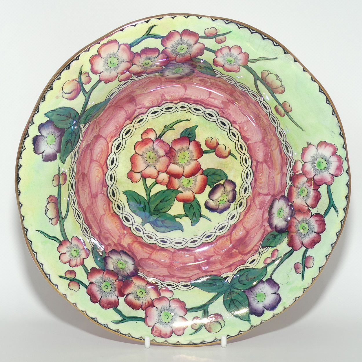 Maling Lustre May Bloom with Green fluted rim bowl | Pattern 6482 | 23cm