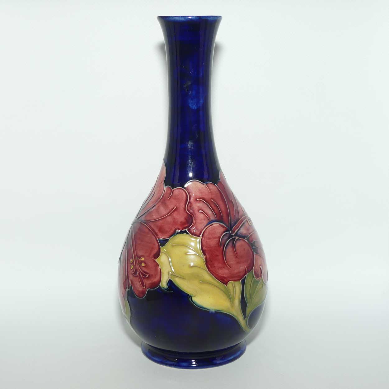 Walter Moorcroft Hibiscus on Blue Ground medium tall tapering vase | Shape 80