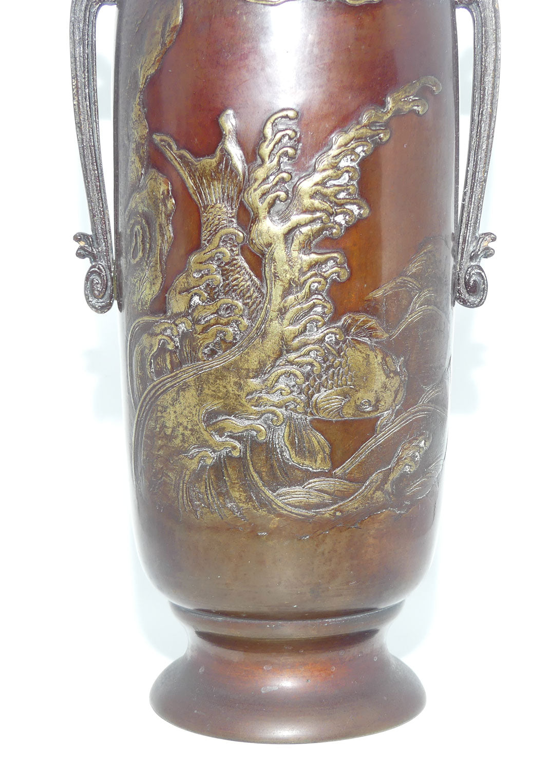 Meiji period Japanese Bronze vase | Bas relief depicting Koi