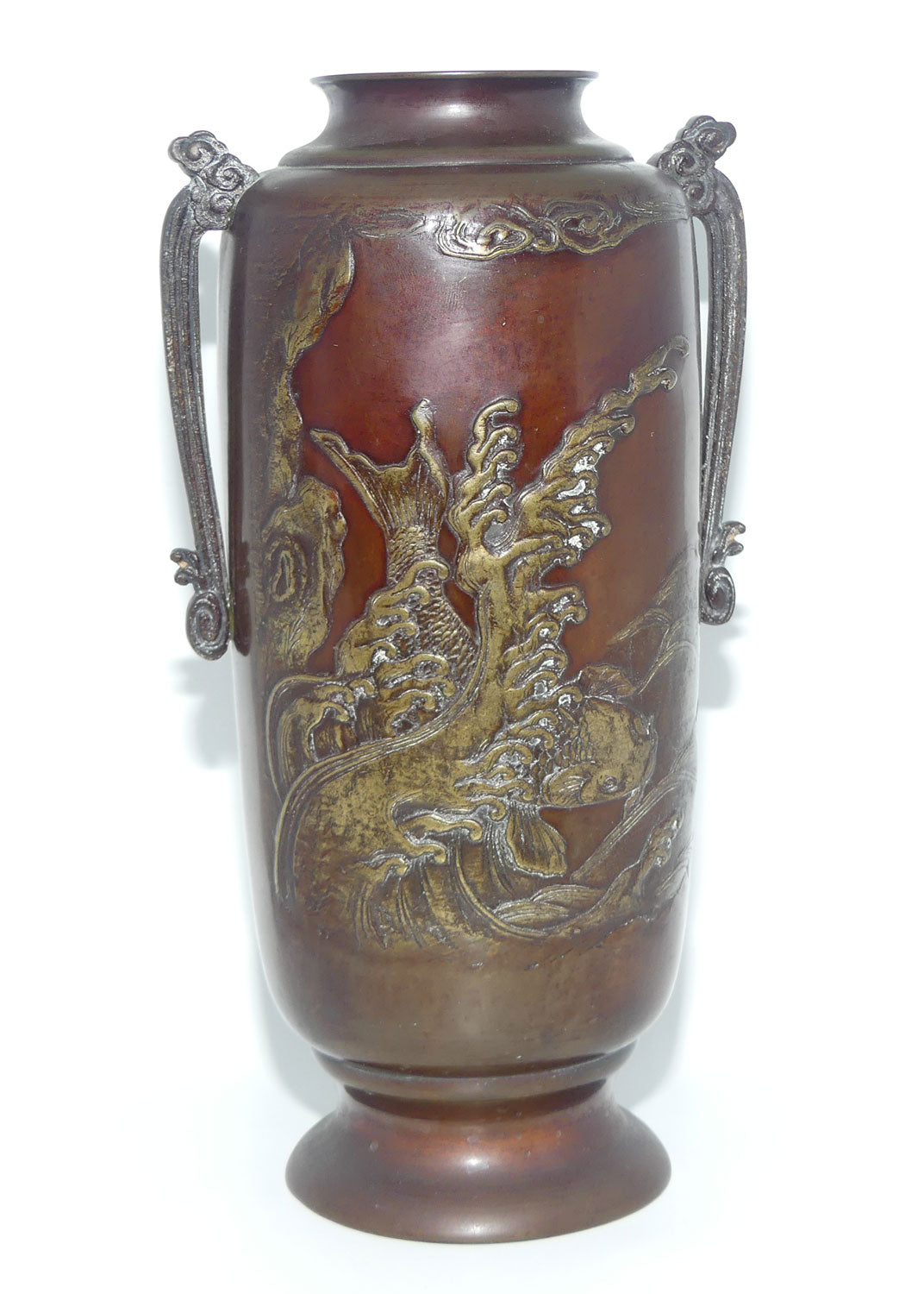 Meiji period Japanese Bronze vase | Bas relief depicting Koi