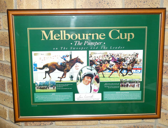 Melbourne Cup memorabilia print | signed by Jim Cassidy | The Pumper on the Swooper and the Leader