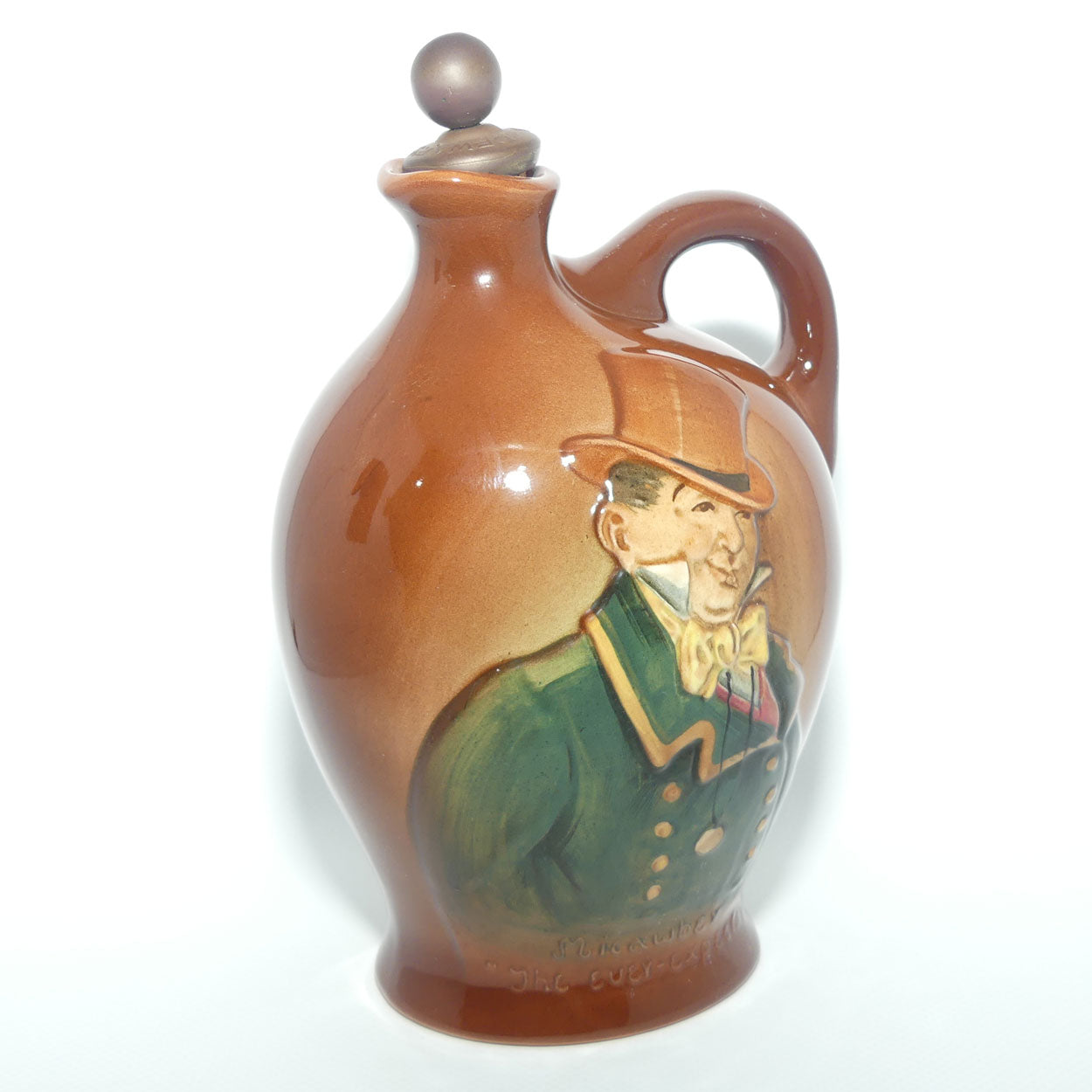 Royal Doulton Aerographed Brown Dickens Mr Micawber flask + Stopper | Micawber The Ever Expectant