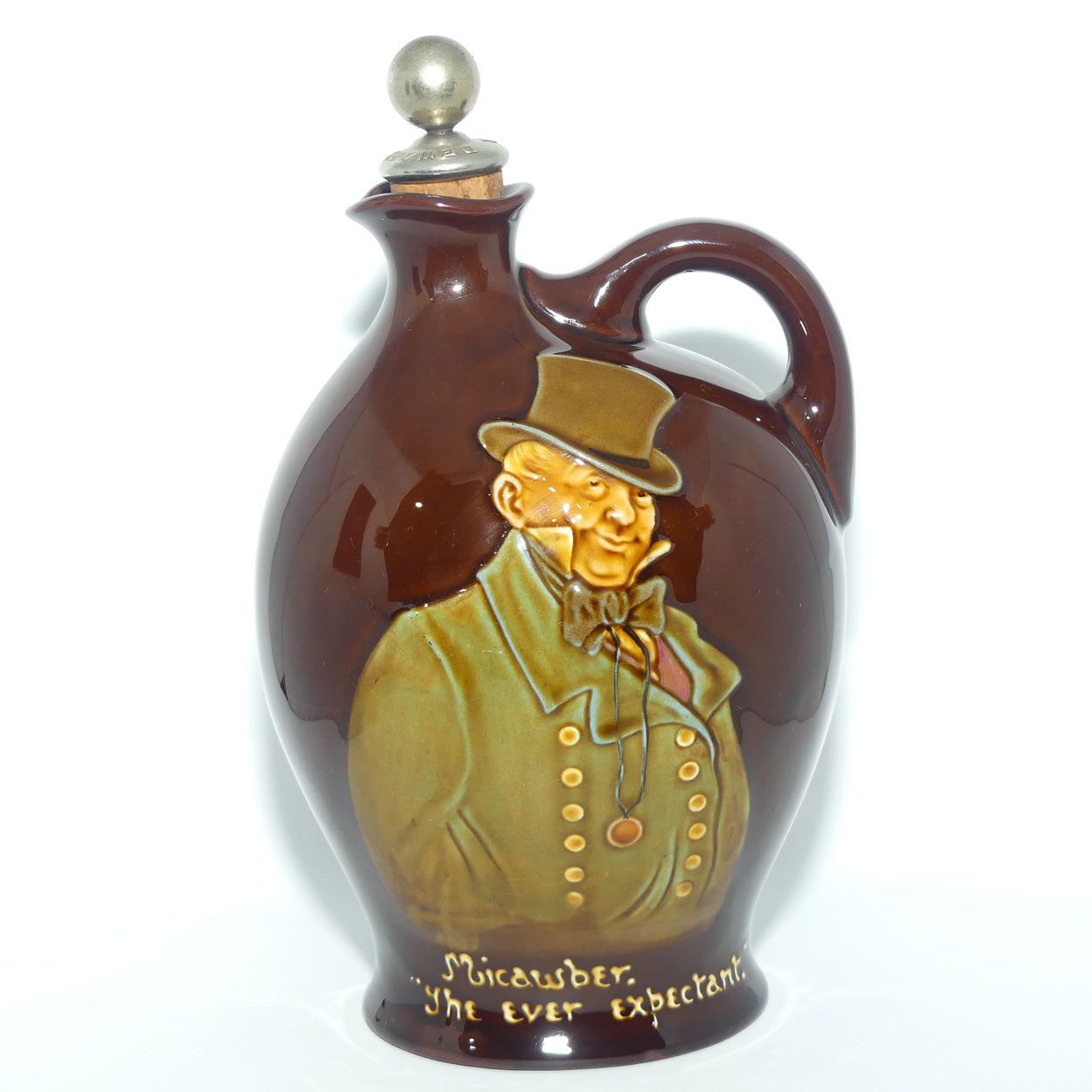 Royal Doulton Kingsware DEWARS Dickens Mr Micawber flask + Stopper