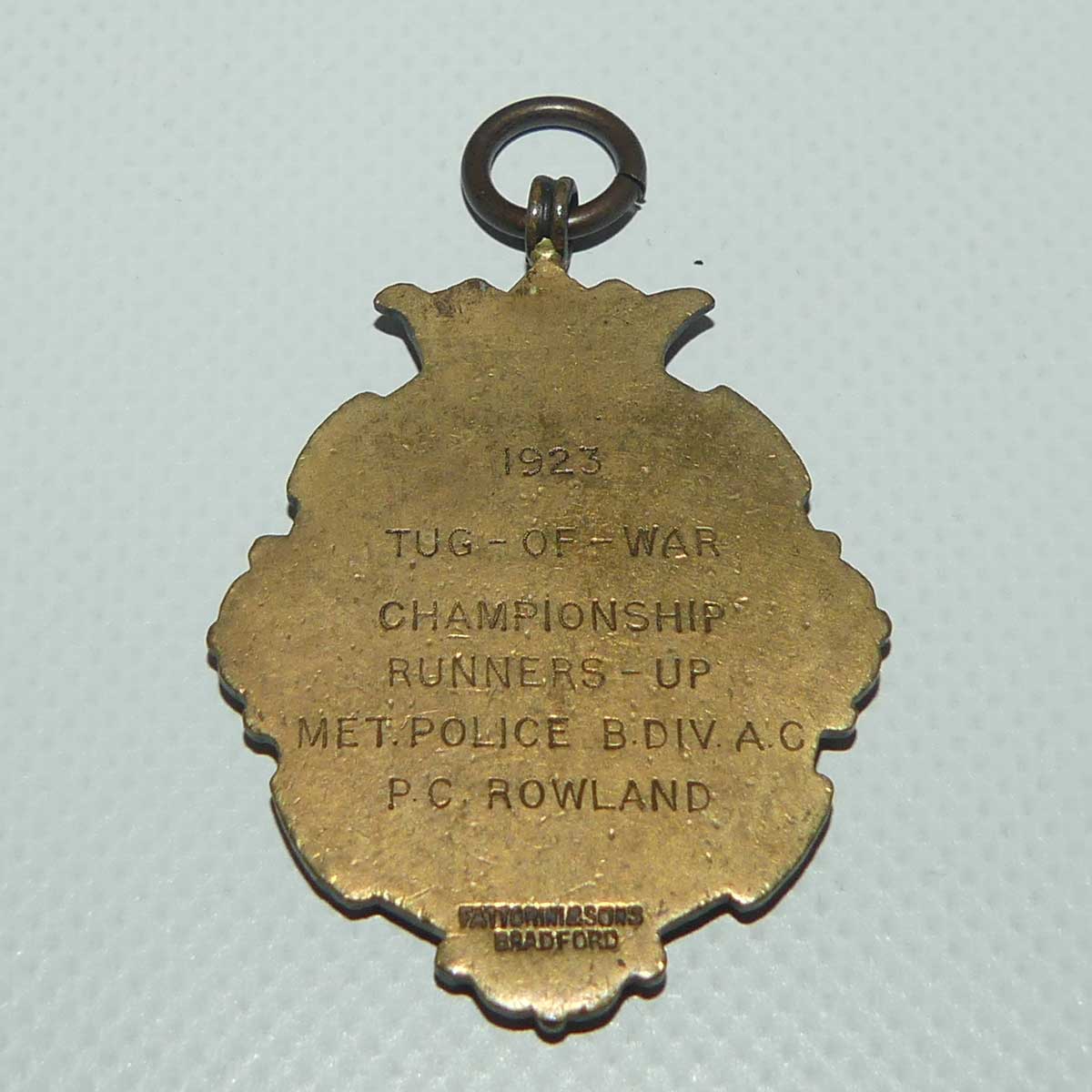 Middlesex County Amateur Athletic Association fob medal | 1923 Tug of War Championship Runners Up Metropolitan Police B DIV AC PC ROWLAND