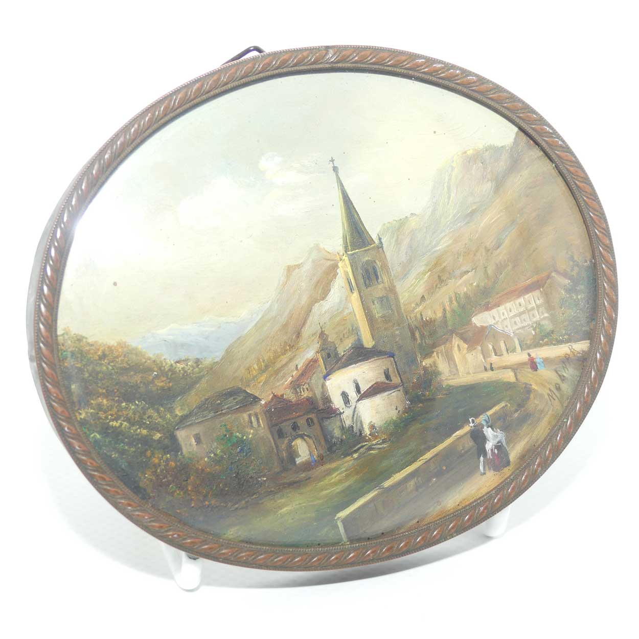 near Antique Miniature Oil Painting in oval Bronzed Frame | European scene signed Molnar