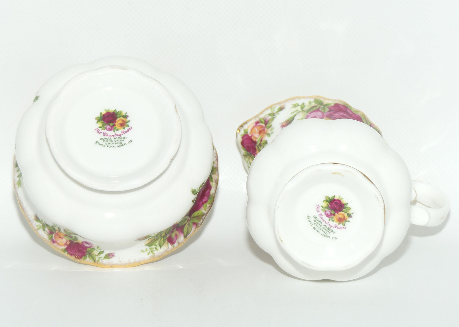 Royal Albert Bone China England Old Country Roses Milk Jug and Sugar Bowl | © 1962 Royal Albert Ltd backstamp