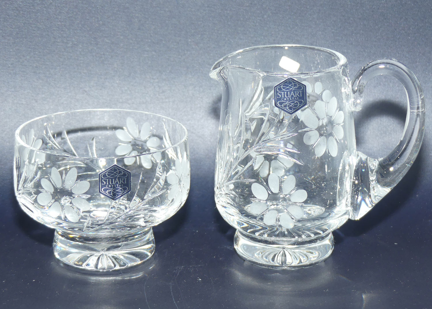 Stuart Crystal England Milk jug and sugar bowl | Facetted Floral design