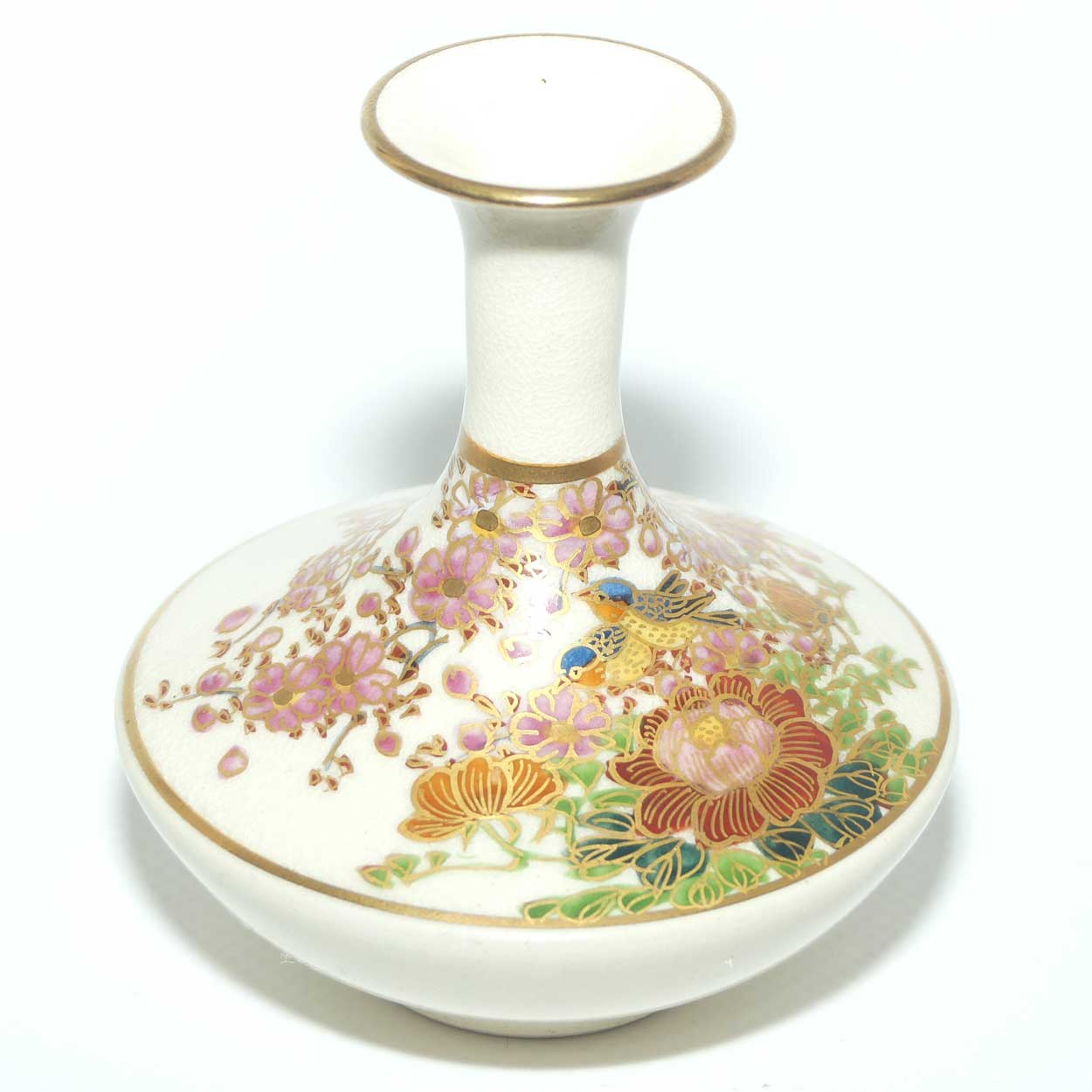 20th Century Satsuma vase with Fine Gilt Decoration | Oriental Flowers and a Pair of Birds by Koshida