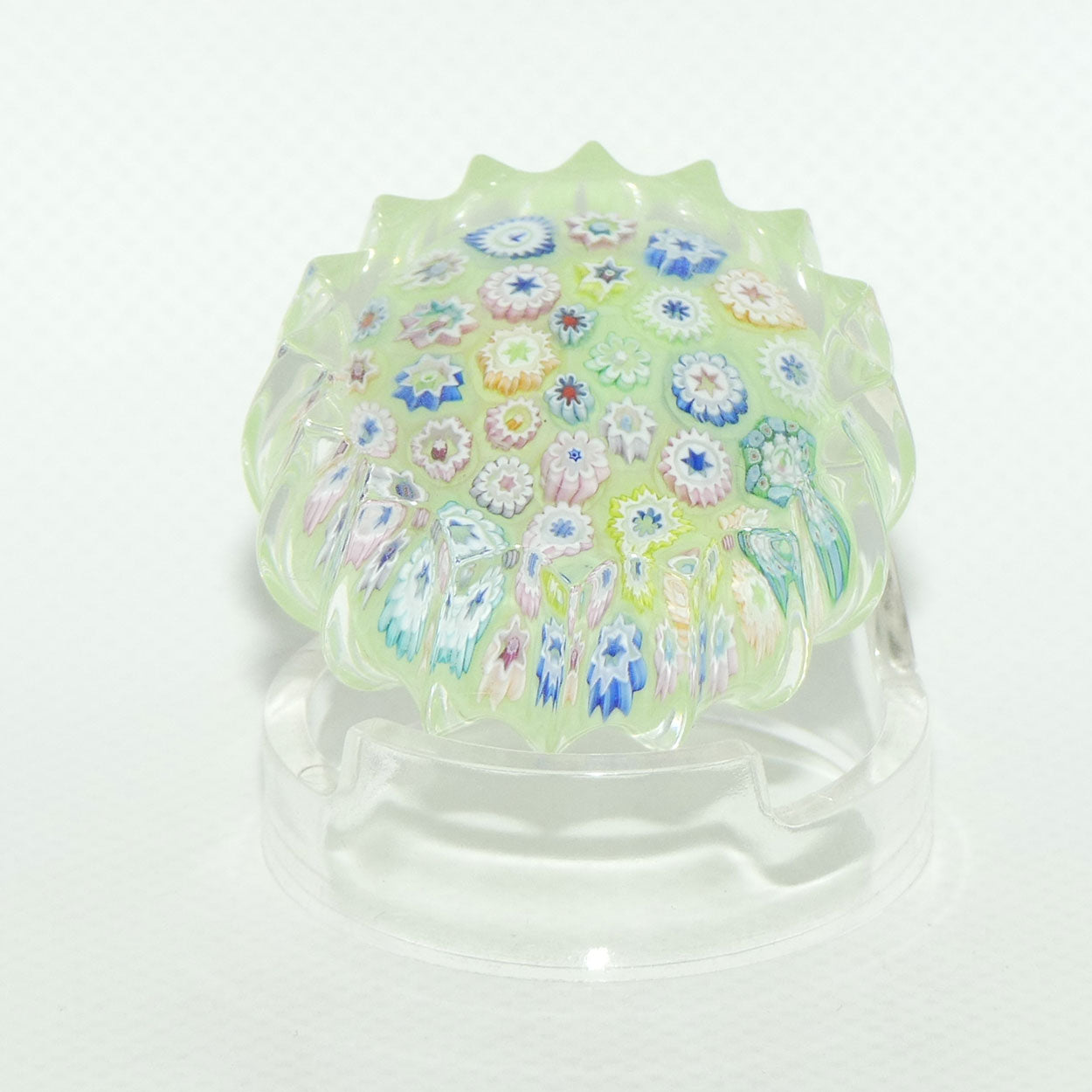 John Deacons Scotland Millefiori Closepack miniature paperweight | Ribbed | Tea Green