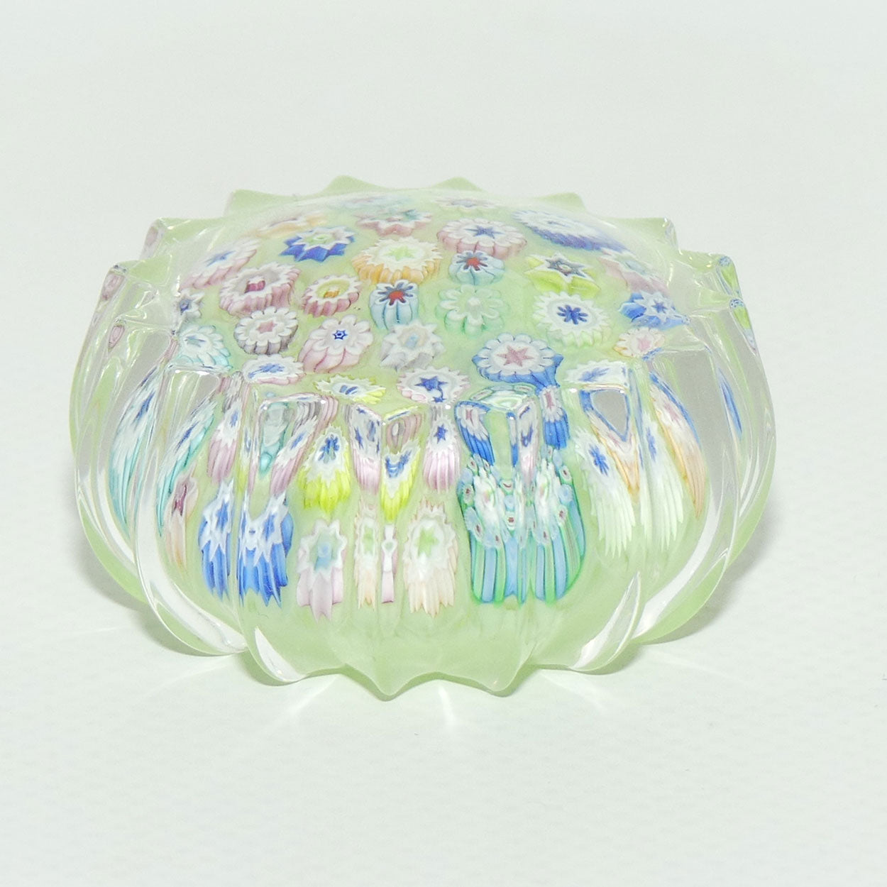 John Deacons Scotland Millefiori Closepack miniature paperweight | Ribbed | Tea Green