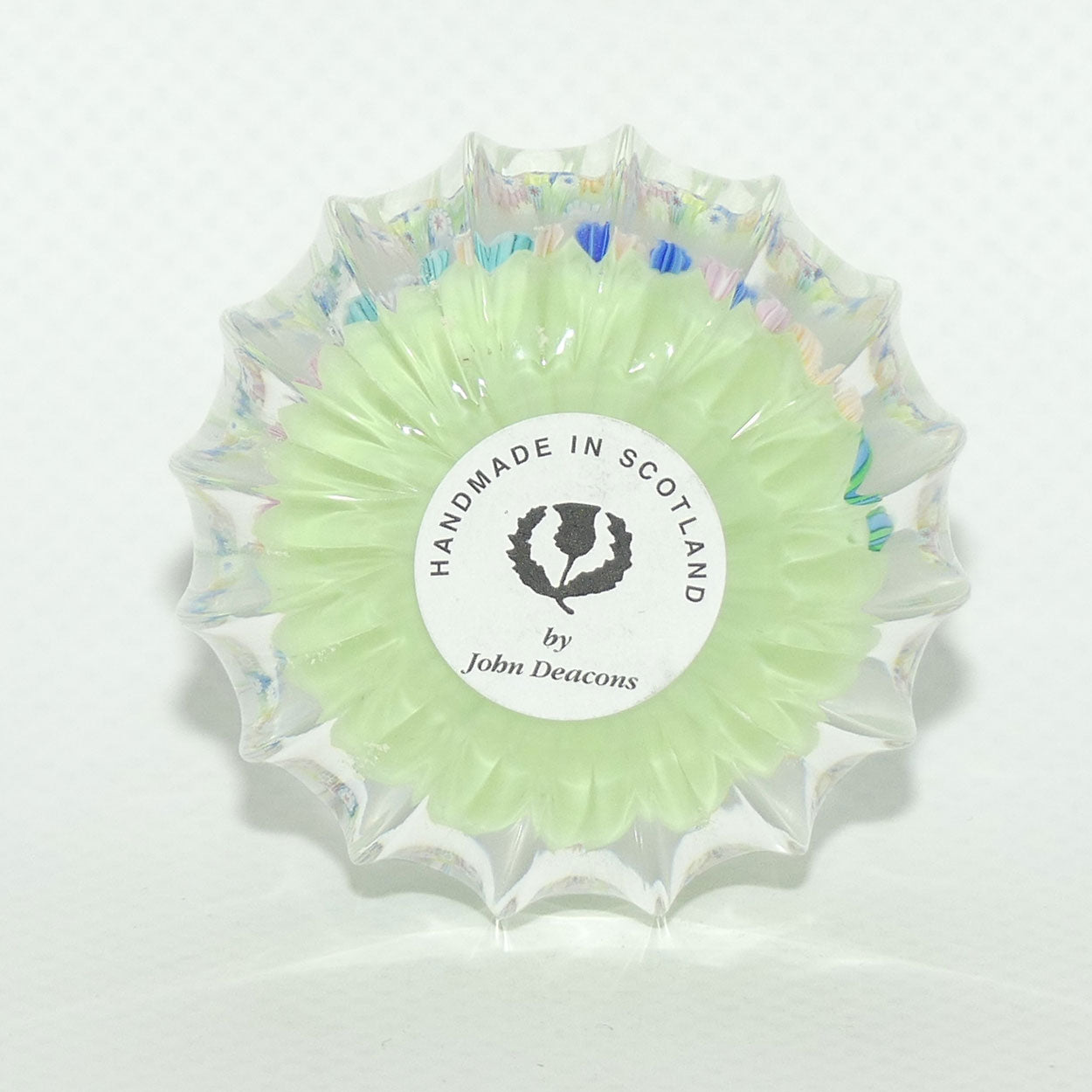 John Deacons Scotland Millefiori Closepack miniature paperweight | Ribbed | Tea Green