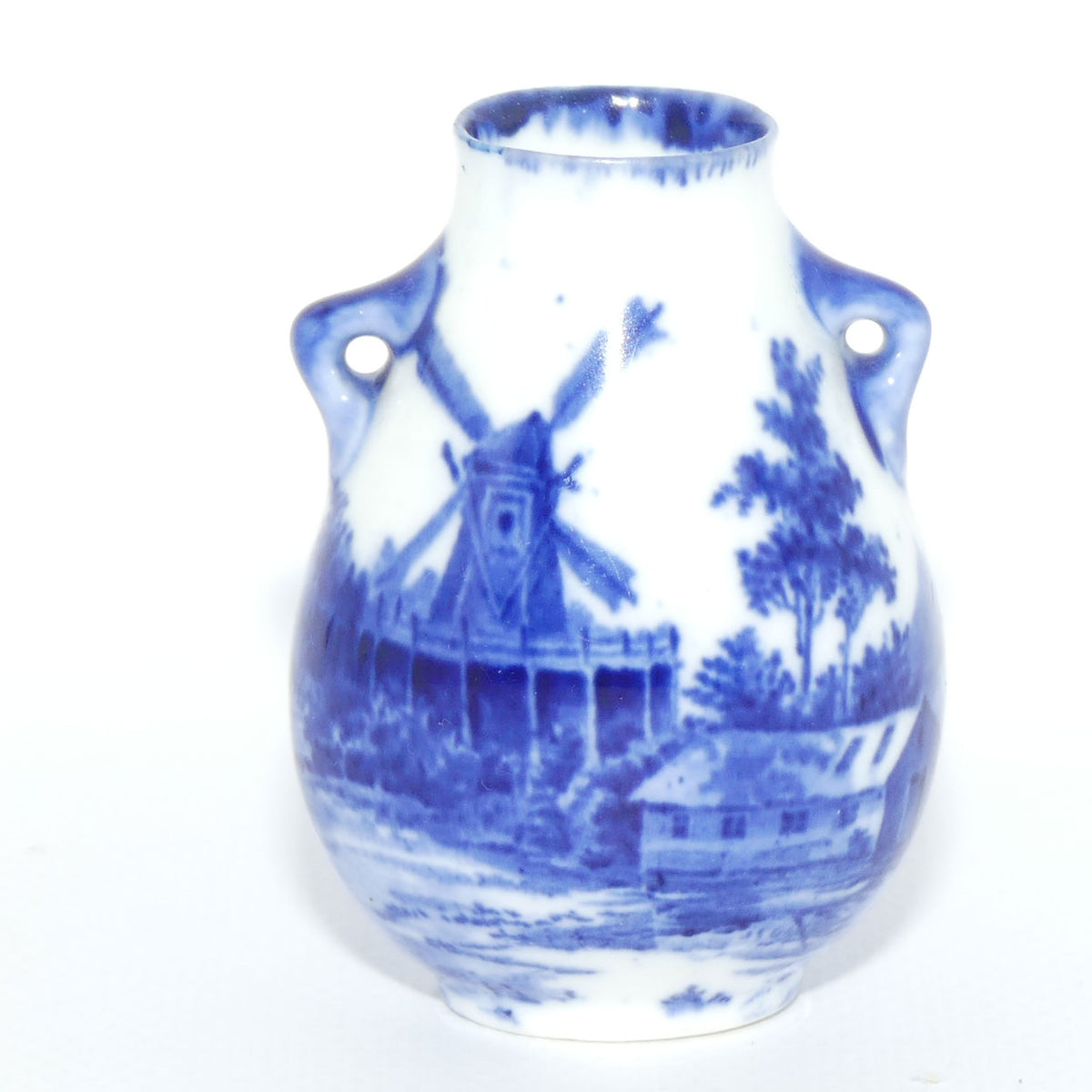 Royal Doulton Norfolk Blue and White miniature vase | Twin Handle | Windmill scene