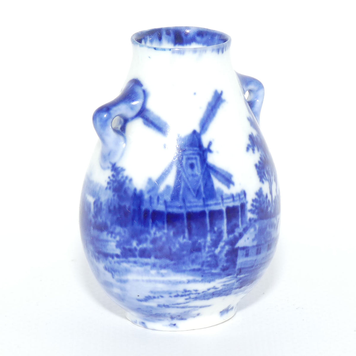 Royal Doulton Norfolk Blue and White miniature vase | Twin Handle | Windmill scene