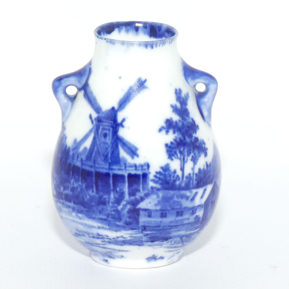 Royal Doulton Norfolk Blue and White miniature vase | Twin Handle | Windmill scene