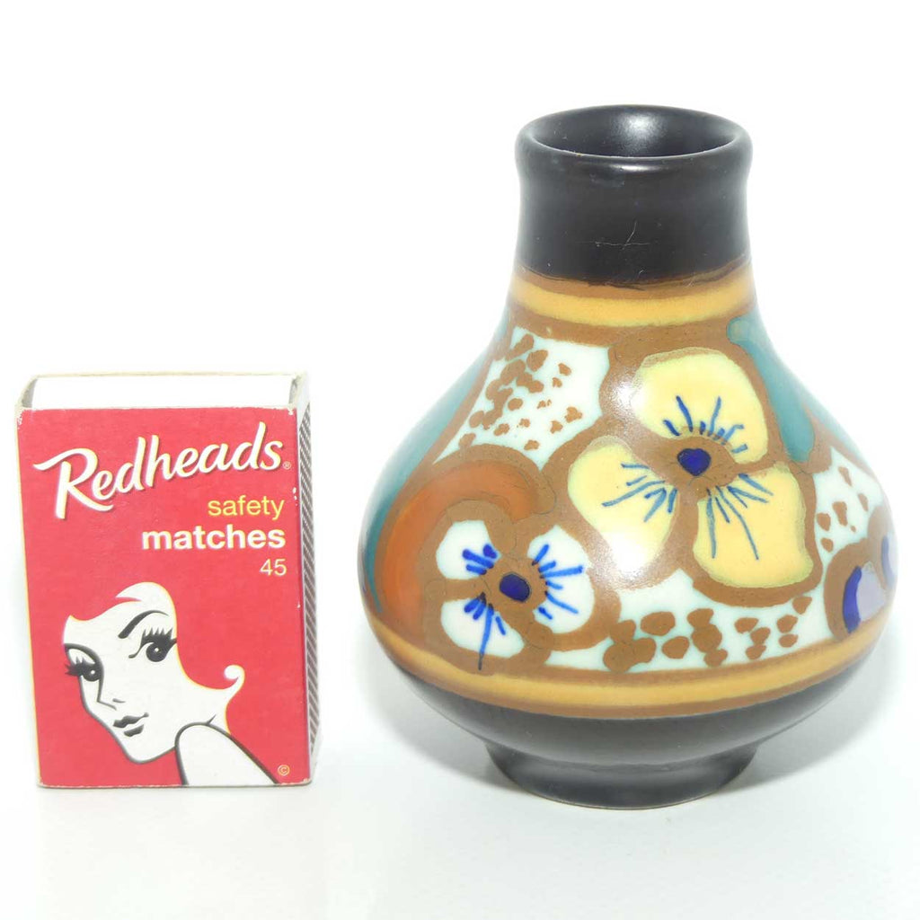 Gouda Holland miniature vase | Pansy motif | original retailer label to base