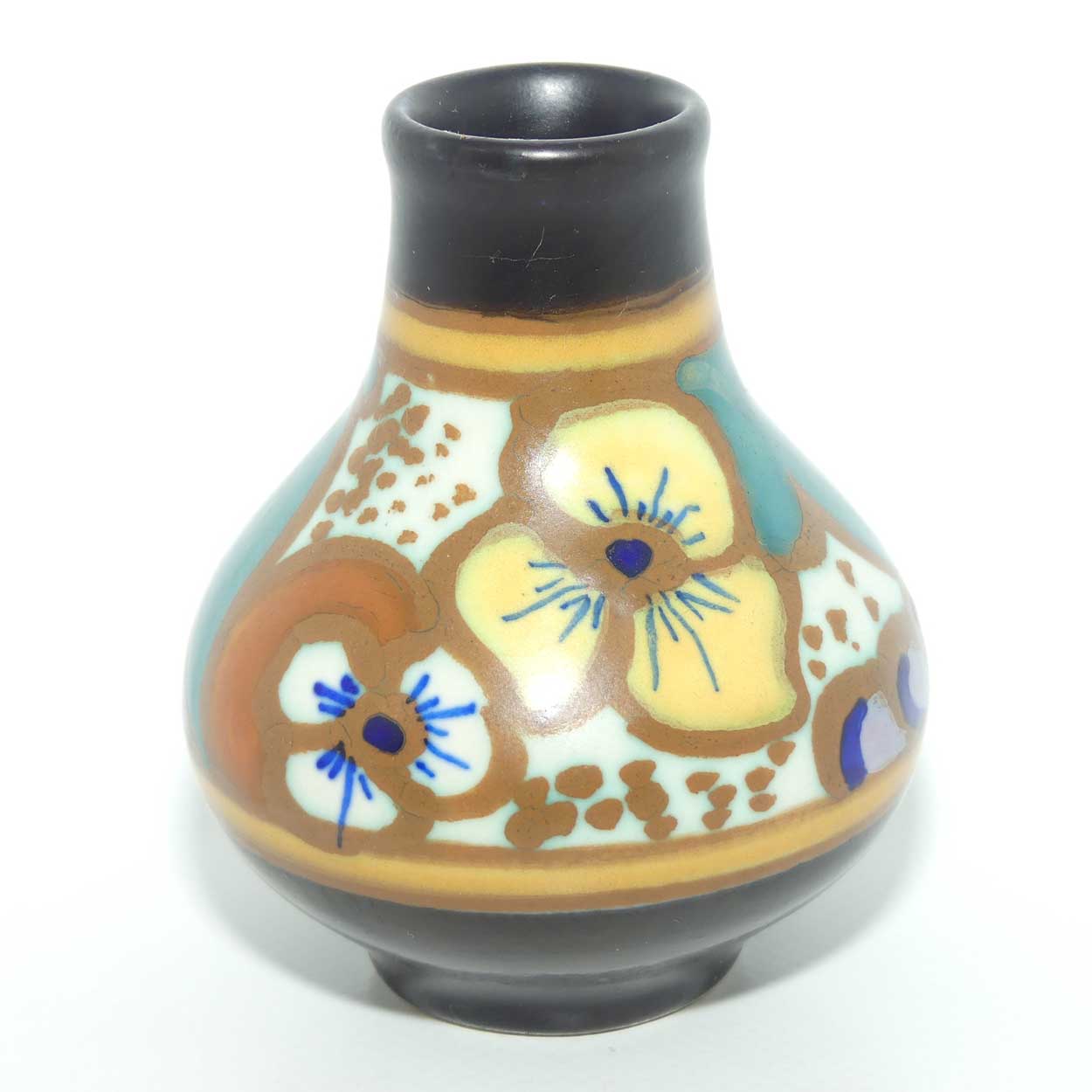 Gouda Holland miniature vase | Pansy motif | original retailer label to base