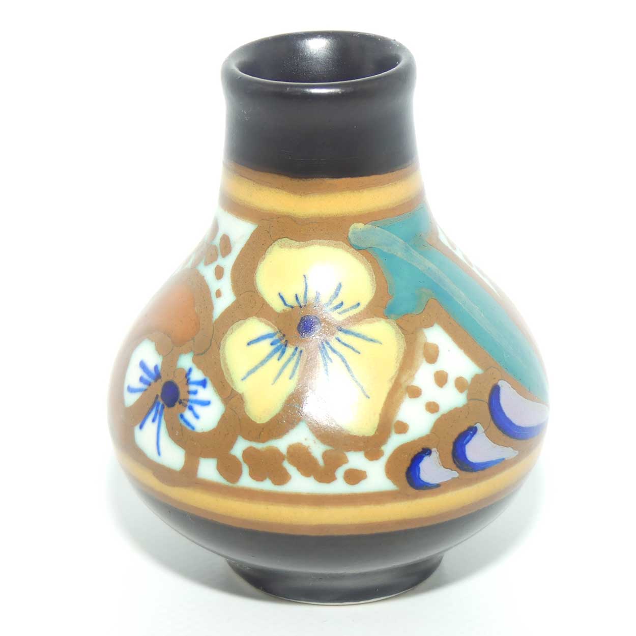 Gouda Holland miniature vase | Pansy motif | original retailer label to base