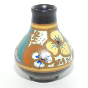 Gouda Holland miniature vase | Pansy motif | original retailer label to base