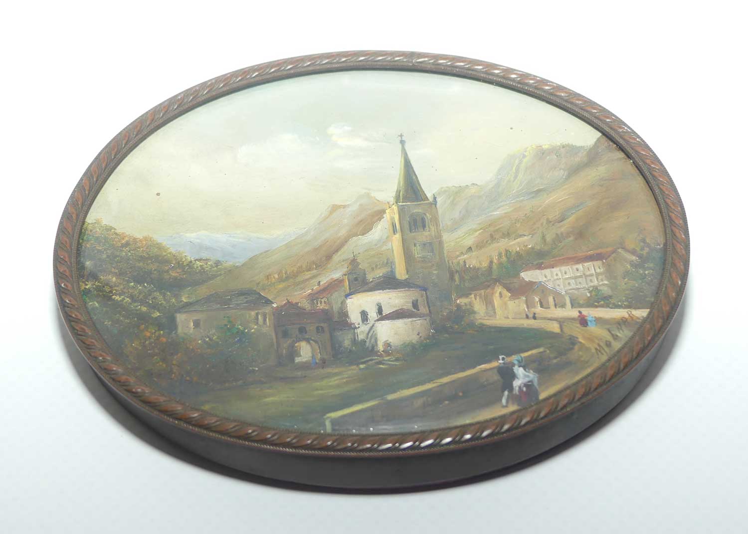 near Antique Miniature Oil Painting in oval Bronzed Frame | European scene signed Molnar