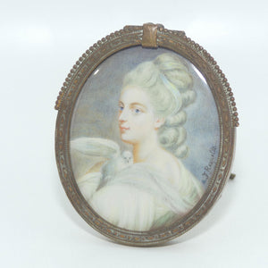 Miniature Portrait on Ivory in Bronze frame | Victorian Woman with Dove by F Reynolds