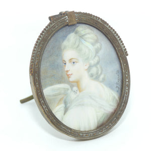 Miniature Portrait on Ivory in Bronze frame | Victorian Woman with Dove by F Reynolds