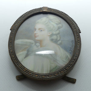 Miniature Portrait on Ivory in Bronze frame | Victorian Woman with Dove by F Reynolds