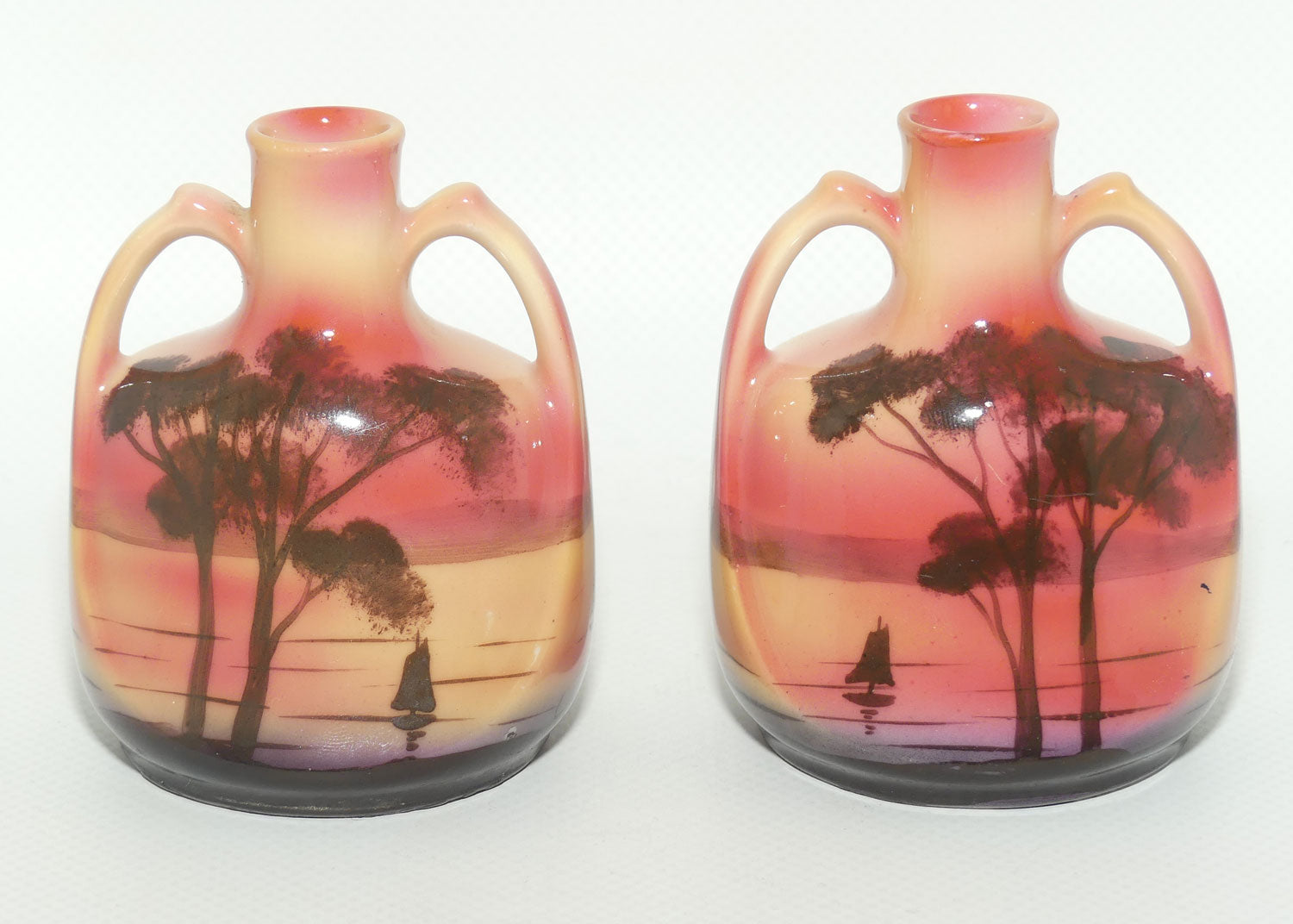 Royal Bayreuth pair of miniature twin handle Sail Boat vases