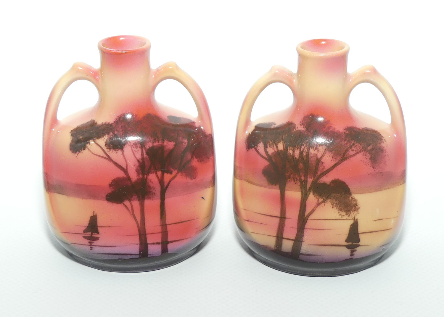 Royal Bayreuth pair of miniature twin handle Sail Boat vases