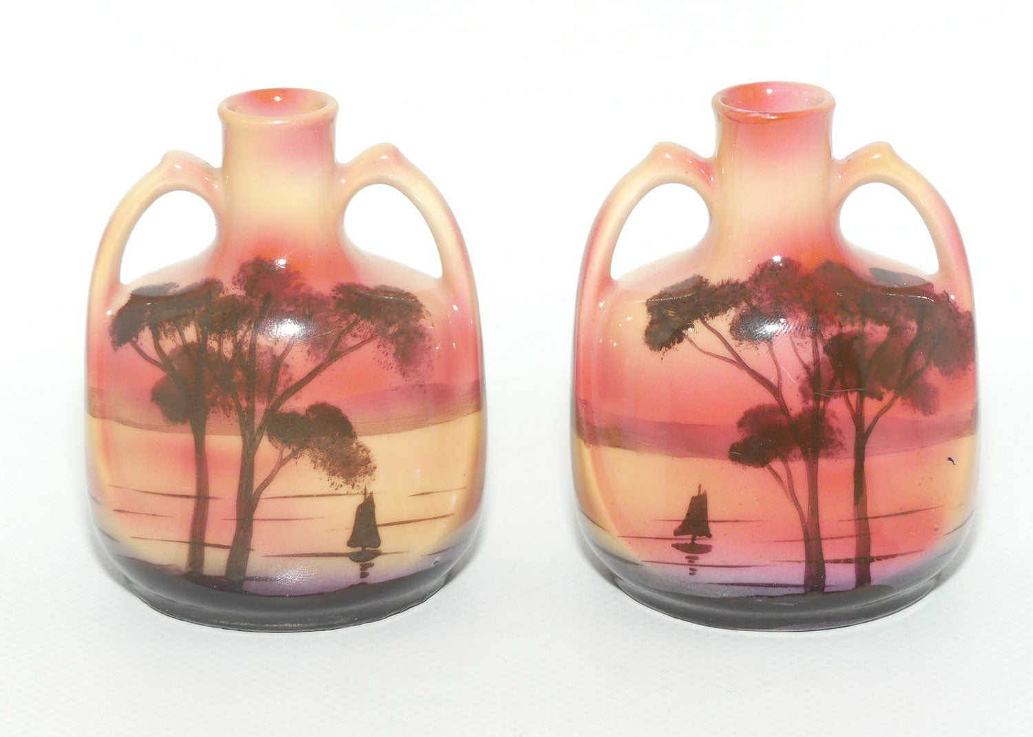 Royal Bayreuth pair of miniature twin handle Sail Boat vases