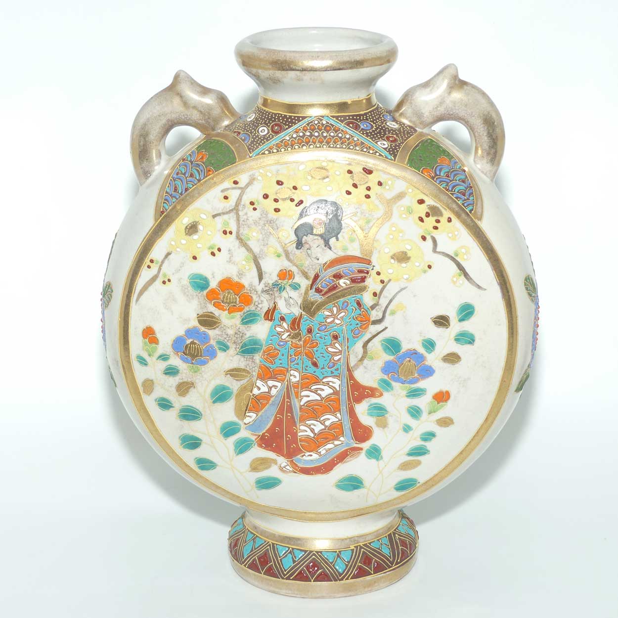 Early 20th Century Japanese Moriage Ware twin handle Moon Flask