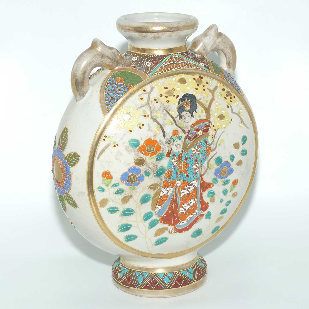 Early 20th Century Japanese Moriage Ware twin handle Moon Flask
