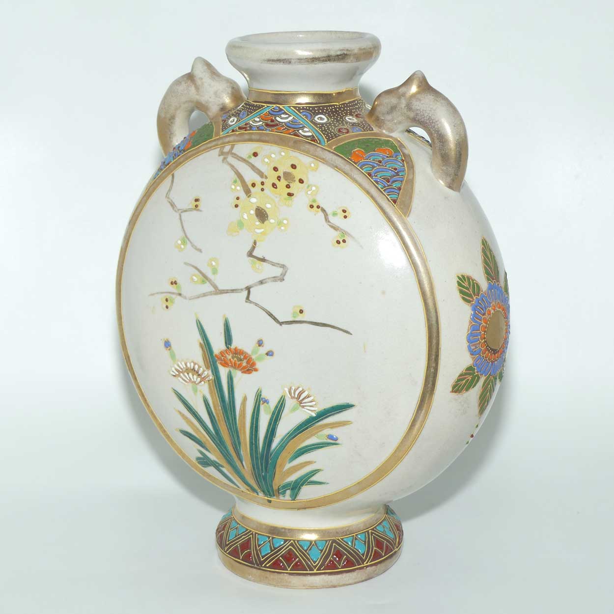 Early 20th Century Japanese Moriage Ware twin handle Moon Flask