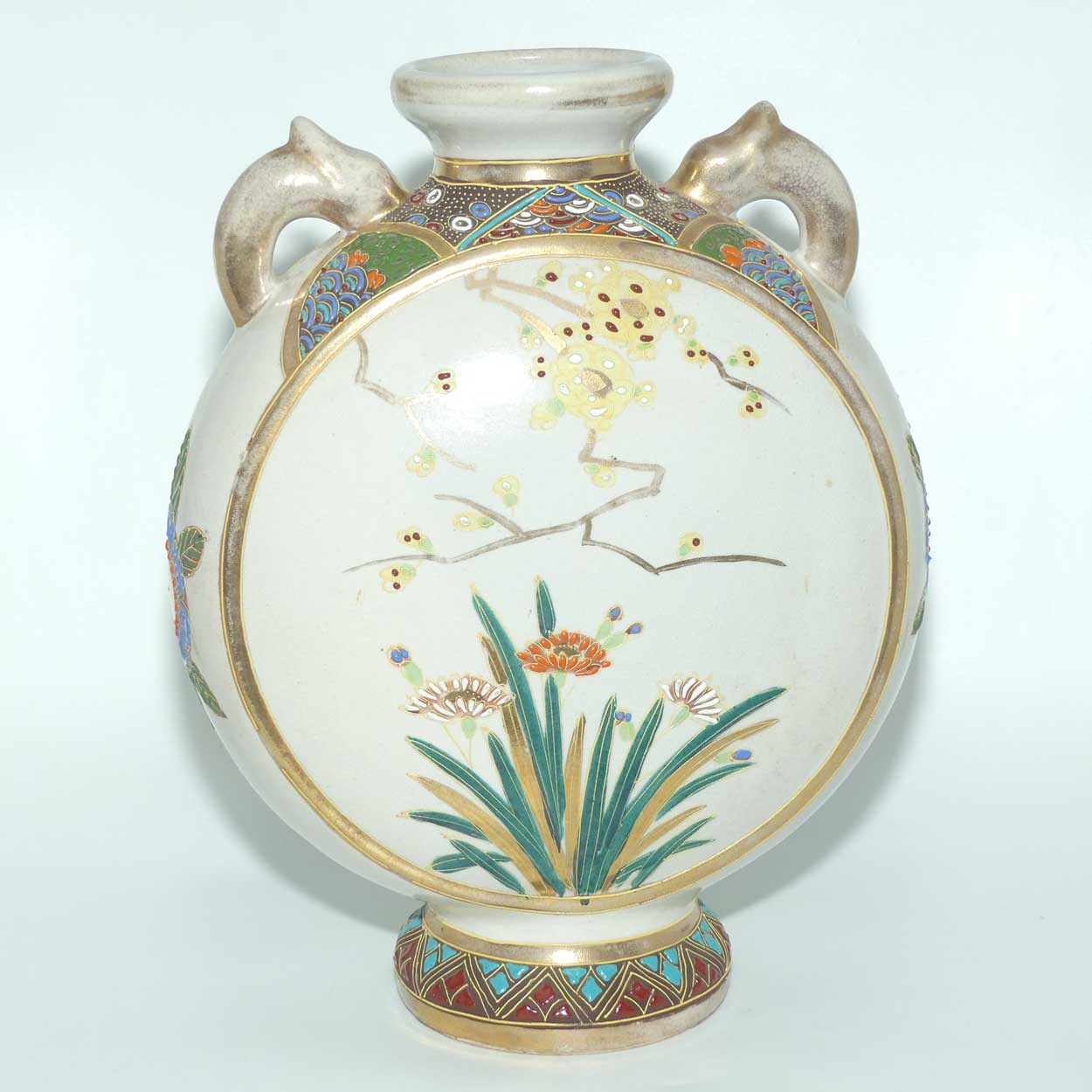 Early 20th Century Japanese Moriage Ware twin handle Moon Flask