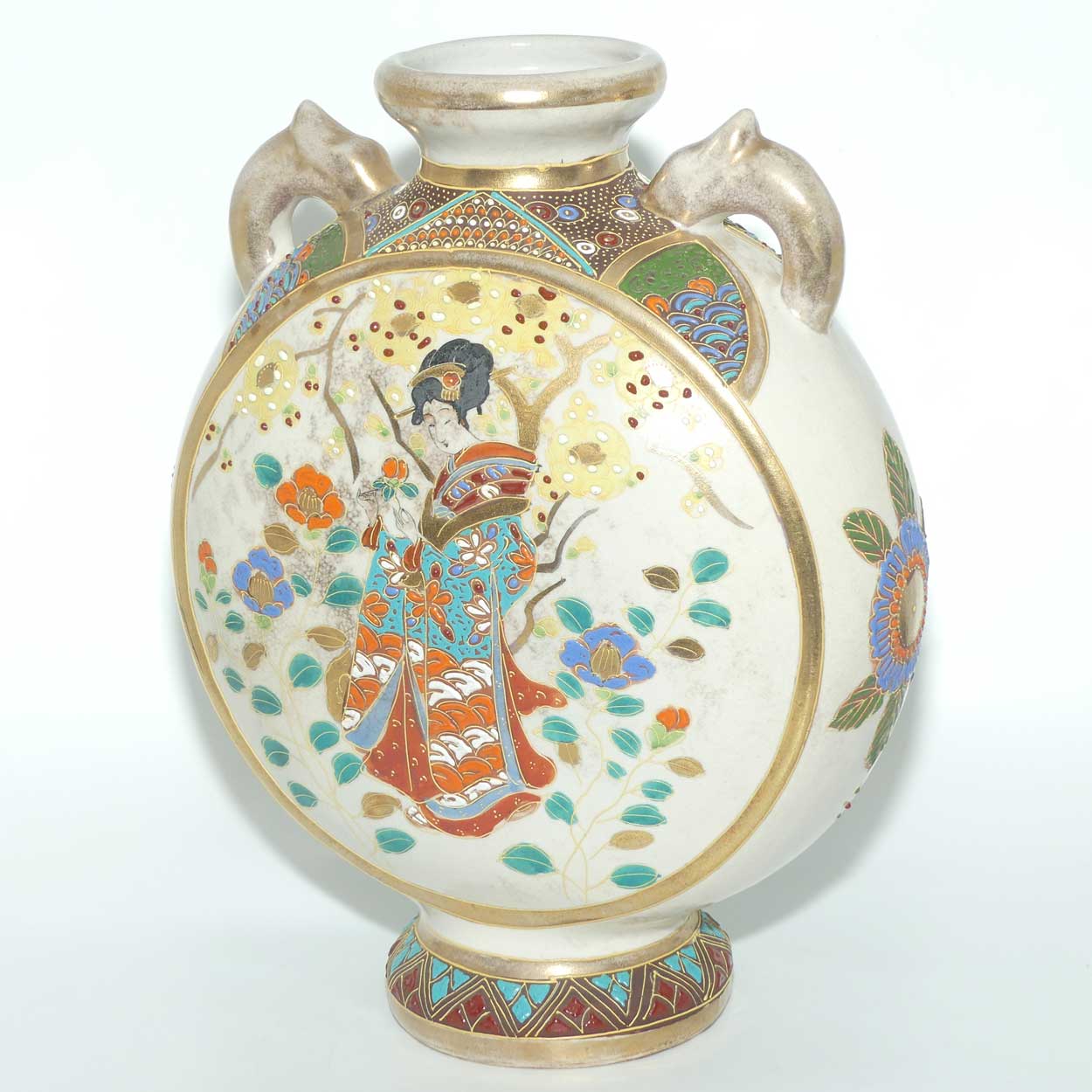 Early 20th Century Japanese Moriage Ware twin handle Moon Flask