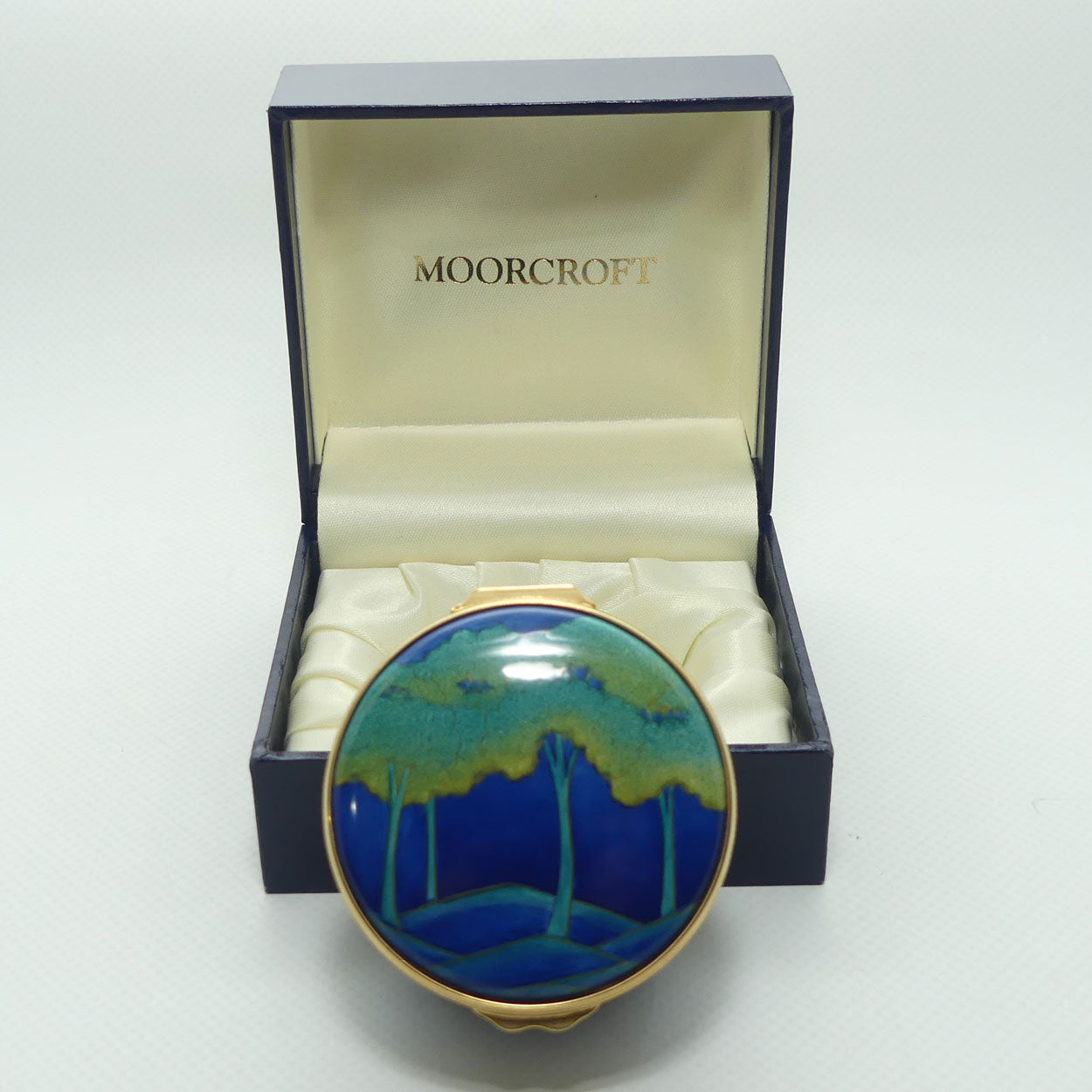 Moorcroft Enamels | Moonlit Blue hinged lid round trinket box | boxed